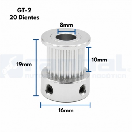 Polea dentada GT2 20 Dientes 8mm correa 10mm