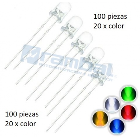 Pack 100 Ultra Brillo 5mm LED diodes 5 colors, 20 pcs each color