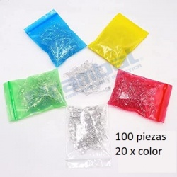 Pack 100 Diodos led 5mm transparentes de  5 colores, 20 Pcs cada color.