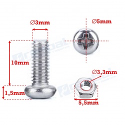Set 20 Tornillos y Tuercas M2 x 10mm de acero inoxidable, cabezal redondo cruz